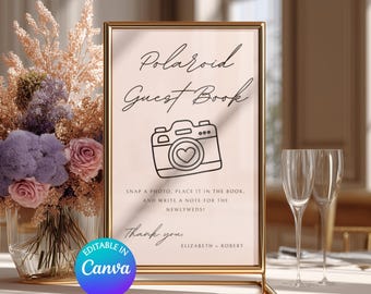 Letrero de libro de visitas Polaroid personalizable / Plantilla Canva para libro de visitas con fotos de boda + PDF imprimible / Letrero minimalista para libro de visitas con cámara instantánea