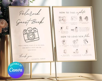 Paquete de letreros Polaroid para libro de visitas (plantilla personalizable/Canva) + letrero imprimible en PDF con foto de boda + letreros con instrucciones