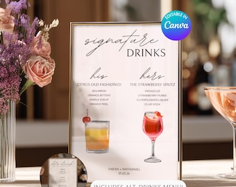 Plantilla de letrero de bebidas de autor / Letrero de cóctel personalizable en Canva / Letrero de menú de bar de bodas / Letrero de bebida editable para él o para ella imprimible