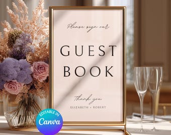 Letrero para libro de visitas, letrero minimalista para libro de visitas de boda, plantilla imprimible en PDF + Canva, letrero moderno personalizable para recepción.