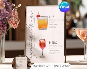 Plantilla de letrero de bebidas de autor / Letrero de cóctel personalizable en Canva / Letrero de menú de bar de bodas / Letrero de bebida editable para él o para ella imprimible