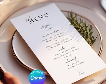 Menú de boda personalizable/imprimible. Tarjeta de menú de cena moderna y personalizable para recepción/Plantilla Canva. Descarga instantánea.