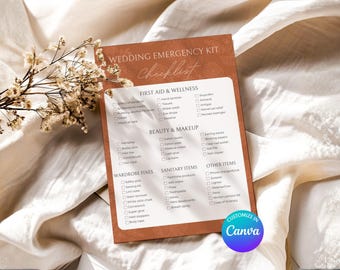 Lista de verificación del kit de emergencia para bodas / Guía de empaque para novias / Plantilla de Canva personalizable + PDF imprimible / Terracota, Boho