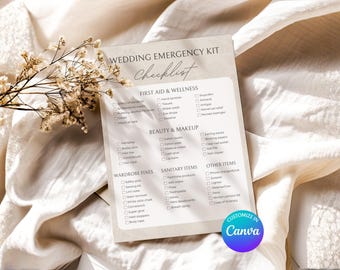Lista de verificación del kit de emergencia para bodas / Guía de empaque para novias / Plantilla de Canva personalizable + PDF imprimible / Neutral, minimalista