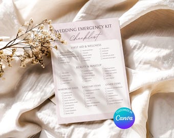Lista de verificación del kit de emergencia para bodas / Guía de empaque para novias / Plantilla de Canva personalizable + PDF imprimible / Rosa ruborizado
