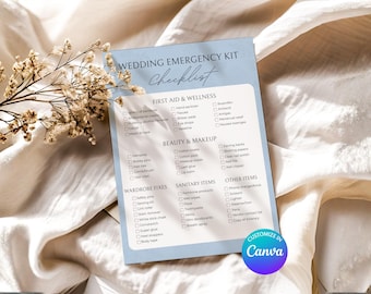 Lista de verificación del kit de emergencia para bodas / Guía de empaque para novias / Plantilla Canva personalizable + PDF imprimible / Azul