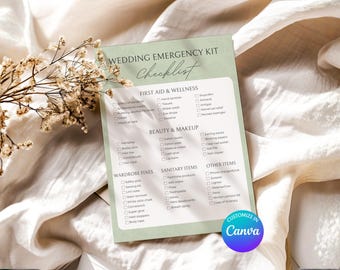 Lista de verificación del kit de emergencia para bodas / Guía de empaque para novias / Plantilla de Canva personalizable + PDF imprimible / Verde salvia