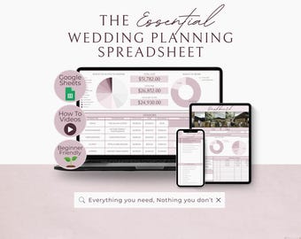 Hoja de cálculo para planificación de bodas, plantilla de Google Sheets, seguimiento de presupuesto, lista de invitados, lista de verificación, proveedores, planificador digital rosa