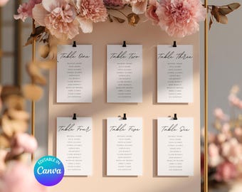 Plantilla de plano de asientos para bodas / Tarjetas de asignación de mesas minimalistas imprimibles / Plano de asientos editable en Canva