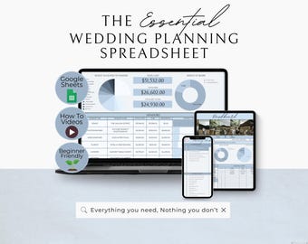 Hoja de cálculo para planificación de bodas, plantilla de Google Sheets, seguimiento de presupuesto, lista de invitados, lista de verificación, proveedores, planificador digital azul