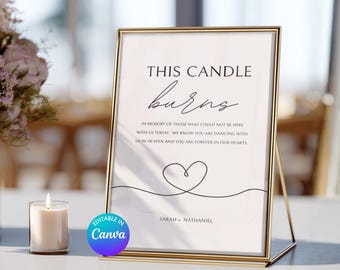 Letrero de vela encendida, plantilla de Canva imprimible y personalizable, letrero de boda "En memoria amorosa" o letrero de mesa conmemorativo moderno y minimalista.