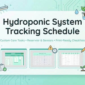 Puede incluir: Gráfico digital titulado "Hydroponic System Tracking Schedule" con ilustraciones de sistemas hidropónicos, listas de verificación y un enrutador. El texto incluye "Custom Care Tasks, Reservoir & Sensors, Print-Ready Checklists."