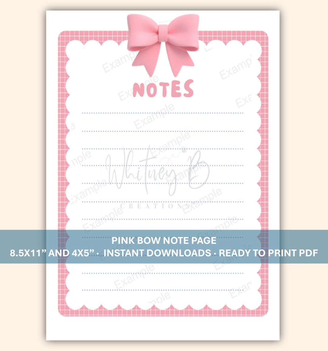 Pink Bow Notes Page - Printable Lined Sheet, 8.5x11 & 4x5