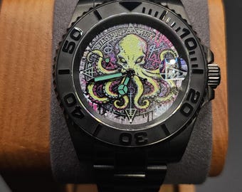 Reloj automático "Cthulhu" - Seiko NH35 Mod personalizado con cristal de zafiro grabado, regalo de Lovecraft