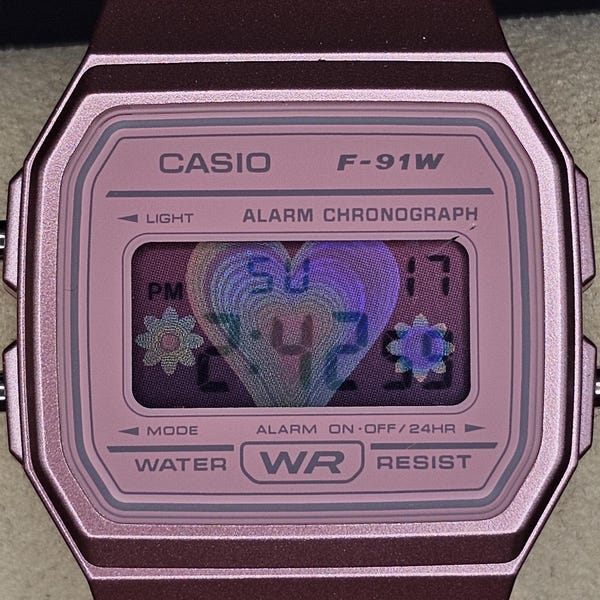 Modded Casio F-91W "Hearts" - Custom Pink Case Holographic Filter Digital Watch - Engraving/ Customization Available