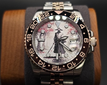 Reloj automático samurái personalizado - Seiko NH35 Mod. Cristal de zafiro grabado. Regalo de guerrero japonés.