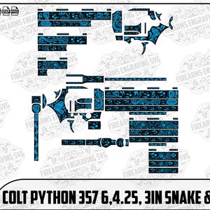 May include: A detailed vector graphic of a Colt Python 357 revolver, featuring a blue snake and scroll design. The image includes various gun parts with intricate patterns, and the text "COLT PYTHON 357 6,4.25, 3IN SNAKE & SCROLL".