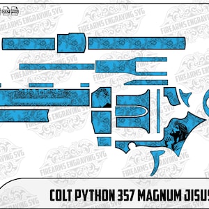 May include: A blue and black Colt Python 357 Magnum SVG design. The design features floral patterns and a graphic of a person. The text "COLT PYTHON 357 MAGNUM JISUS THEME" is at the bottom.