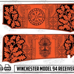 Op de afbeelding: Oranje en zwart ontwerp met een Viking-thema, met bijlen, eikenbladeren en een kompassymbool. De tekst "WINCHESTER MODEL 94 RECEIVER MASTER" staat onderaan. Dit ontwerp is waarschijnlijk voor een vuurwapen.
