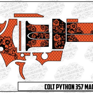 Könnte beinhalten: Ein orange-schwarzes Blumendesign für eine Colt Python 357 Magnum 3" Schusswaffe. Das Design zeigt komplizierte Blumenmuster und eine schuppenartige Textur, mit dem Text "COLT PYTHON 357 MAGNUM 3" unten.