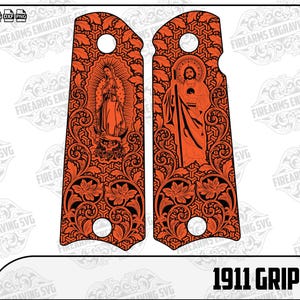 May include: Orange and black 1911 grip design featuring religious figures and floral patterns. The grips have a detailed engraved design with the text "1911 GRIP DESING" at the bottom. The image also includes file format icons.