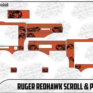 Może przedstawiać: Pomarańczowo-czarny wzór z motywem przewijania i wzoru dla Ruger Redhawk, prezentowany jako cyfrowy plik SVG. Projekt zawiera skomplikowane wzory kwiatowe i teksturowane tło z tekstem "RUGER REDHAWK SCROLL & PATTERN".
