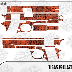 May include: An orange and black Aztec-themed design for a Tisas 1911 firearm. The design features intricate patterns, including skulls and geometric shapes, and is displayed on a white background. The text "TISAS 1911 AZTEC THEME" is at the bottom.