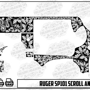 Op de afbeelding: Zwart-wit vectorafbeelding van een Ruger SP101 vuurwapenontwerp. Het ontwerp heeft een slang- en scrollpatroon met bloemaccenten. De afbeelding bevat pictogrammen voor bestandstypen en de tekst "RUGER SP101 SCROLL AND SNAKE."