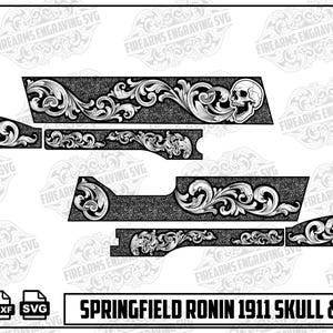 May include: Black and white vector graphic of Springfield Ronin 1911 Skull & Scroll design. The design features ornate scrollwork and a skull. The image includes PNG, DXF, and SVG file formats.