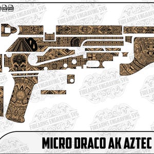 May include: A tan and black Micro Draco AK Aztec design, featuring intricate Aztec patterns. The design includes various components of the firearm, with the text "MICRO DRACO AK AZTEC DESIGN" at the bottom.