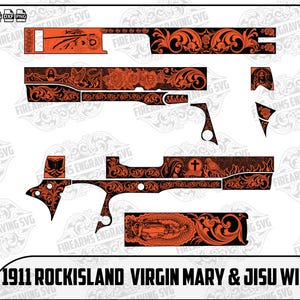 May include: Orange and black decorative design for a 1911 Rock Island firearm, featuring floral scrollwork and religious imagery. The design includes the Virgin Mary and Jisu, with the text "1911 ROCKISLAND VIRGIN MARY & JISU WITH SCROLL".