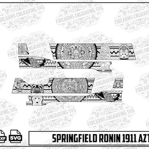 May include: Black and white Springfield Ronin 1911 Aztec design. The image shows a detailed Aztec-themed engraving pattern for a firearm, including various components with intricate designs. The design includes Aztec calendar and face motifs.