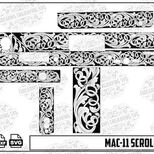 May include: Black and white scroll design for a MAC-11. The design features intricate floral patterns and is available in PNG, DXF, and SVG formats. The text "MAC-11 SCROLL DESIGN" is displayed at the bottom.