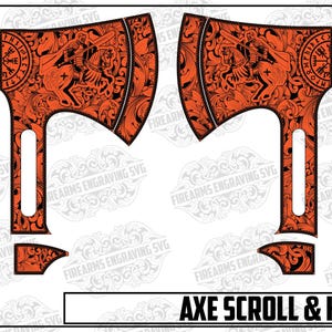 Könnte beinhalten: Zwei orangefarbene Axt-Designs mit aufwendigen Verzierungen und einem Ritter zu Pferd. Die Äxte haben ein Wikinger-Thema mit Runensymbolen. Der Text "AXE SCROLL & KNIGHT" steht unten. Design von Firearms Engraving SVG.