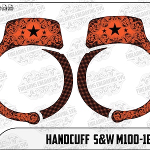 May include: An orange and black handcuff design with a star pattern. The design includes the text "HANDCUFF S&W M100-1B DESING". The image is a vector graphic, suitable for engraving or digital art projects.