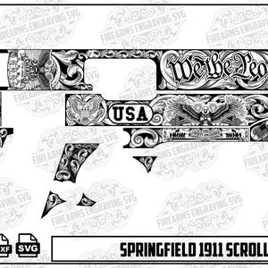 May include: Black and white vector graphic of a Springfield 1911 firearm design. The design includes ornate scrollwork, the words "We the People", an eagle, and the text "USA". The image also includes the text "Springfield 1911 Scroll and USA".
