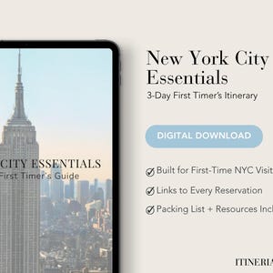 Pode incluir: Um download digital intitulado "New York City Essentials" com um itinerário de 3 dias para visitantes de primeira viagem. A imagem apresenta o Empire State Building e inclui uma lista de embalagem e links de reserva.