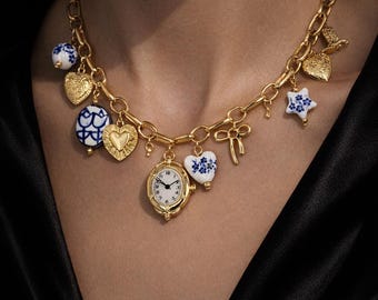 Vintage Faux Pocket Watch White Porcelain Multi Charm Bracelet & Necklace - Chinoiserie Mother's Day Gift Set for Her