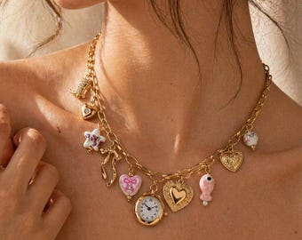 Pink Heart Watch Pendant  Euro Summer Charm Necklace or Bracelet Gold, Cute Fish Star Bow Charms, Whimsical Y2K Coquette Style