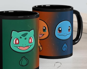 Kanto Starters Trio Mug – Bulbasaur, Charmander & Squirtle Pokemon Retro Black Interior Coffee Cup