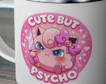 Taza de esmalte Jigglypuff, linda pero psicópata, taza de camping rosa de Pokémon kawaii, taza de campamento de dibujos animados de anime