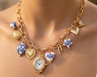 Vintage Charm Necklace Gold, Blue Porcelain Charm Necklace, Coquette Aesthetic Jewelry, European Summer Necklace, Heart Star Charm