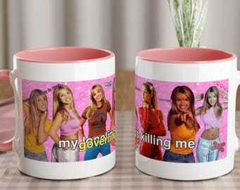 Feminine Rage Y2K Meme Coffee Mug - Funny 2000s Pop Culture Collage Pink Cup