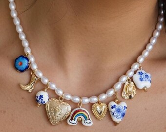 Pearl Charm Necklace Gold, Blue Porcelain Charm Necklace, Rainbow Charm Necklace, Vintage Statement Necklace, Gift for Her