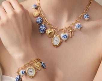Vintage Faux Taschenuhr Weißes Porzellan Multi Charm Armband & Halskette - Chinoiserie Muttertagsgeschenk Set für Sie