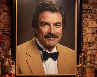 Wooden Framed Tom Selleck Portrait Poster| Retro Man Cave Bar Decor | Magnum PI Style Frame included Kitsch Bar Art