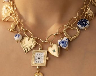 Gold Anhänger Halskette mit Uhr Anhänger, Blau Weiße Porzellan Perlen, Vintage Boho Statement Schmuck