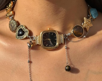 Vintage Gold Watch Choker Necklace with Heart and Star Charms, Eklektik Y2K Jewelry, Handmade Statement Timepiece Necklace, Gift for Her