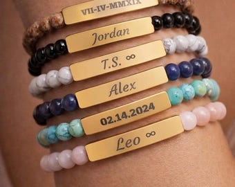 Pulsera de piedra natural personalizada: barra de acero inoxidable grabada a medida con piedras curativas naturales.