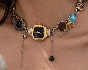 Vintage Gold Watch Charm Choker Necklace, Eklektik Y2K Whimsical Jewelry, Handmade Statement Timepiece Heart and Star Necklace